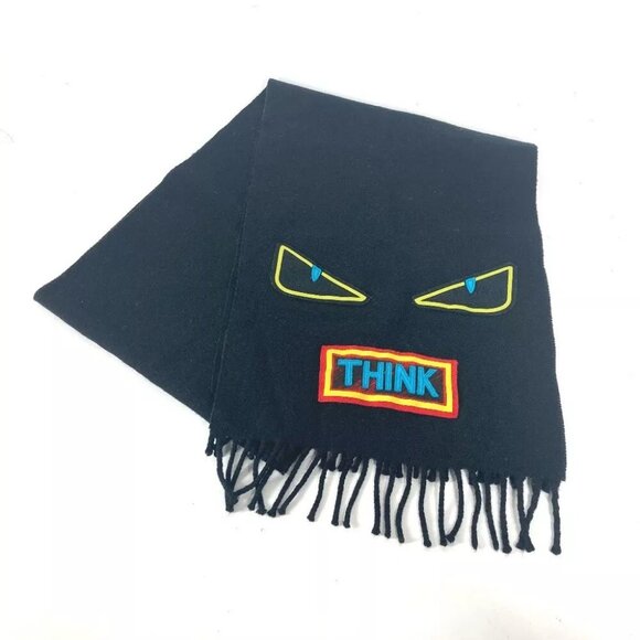 FENDI Monster emblem logo fringe Scarf wool Black